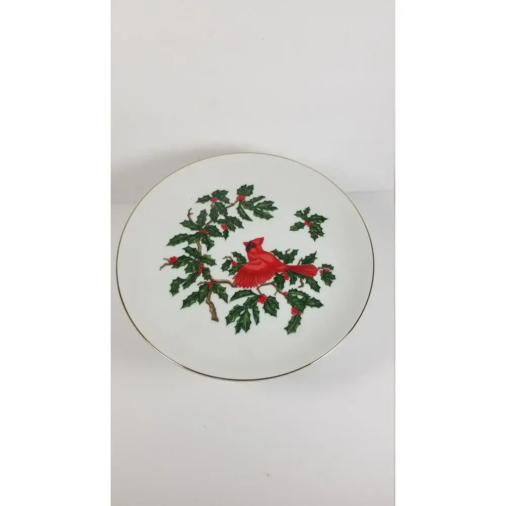 Vintage Lefton Red Cardinal Christmas Cake Plate, Footed Pedestal, 1252